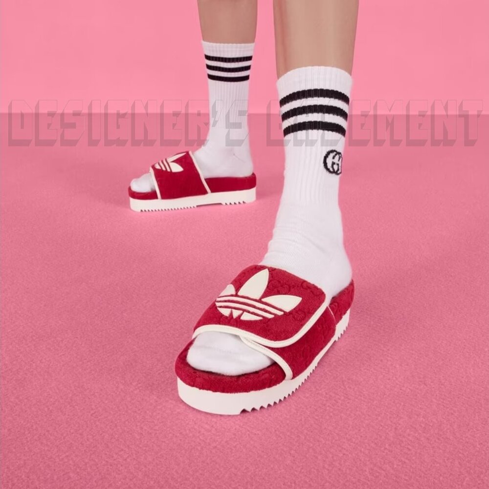 GUCCI x Adidas woman 36 EU- 6 US Red GG Sponge & Trefoil platform Slide sandals - Picture 10 of 14
